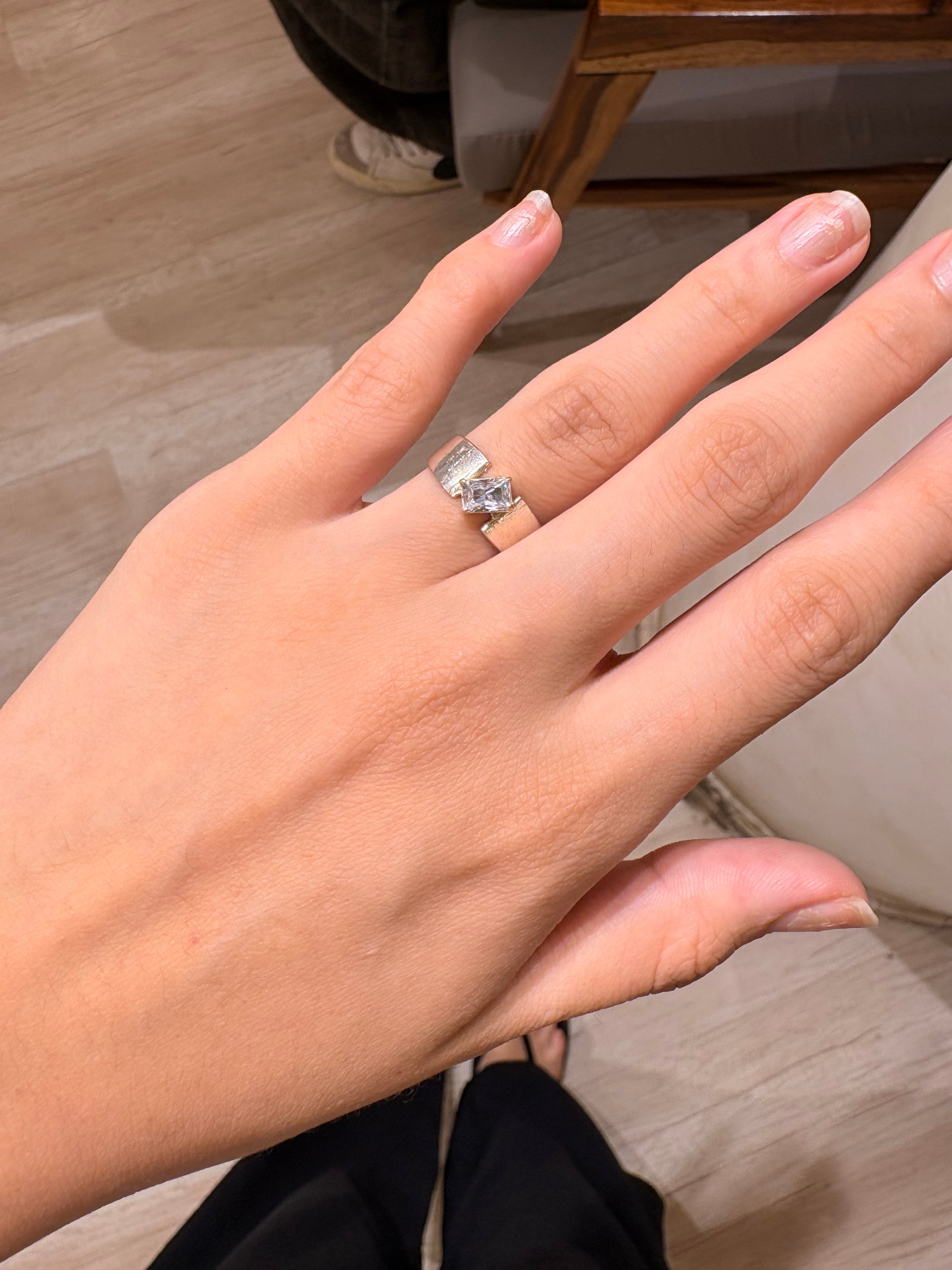 Silver rectangular cut stone ring