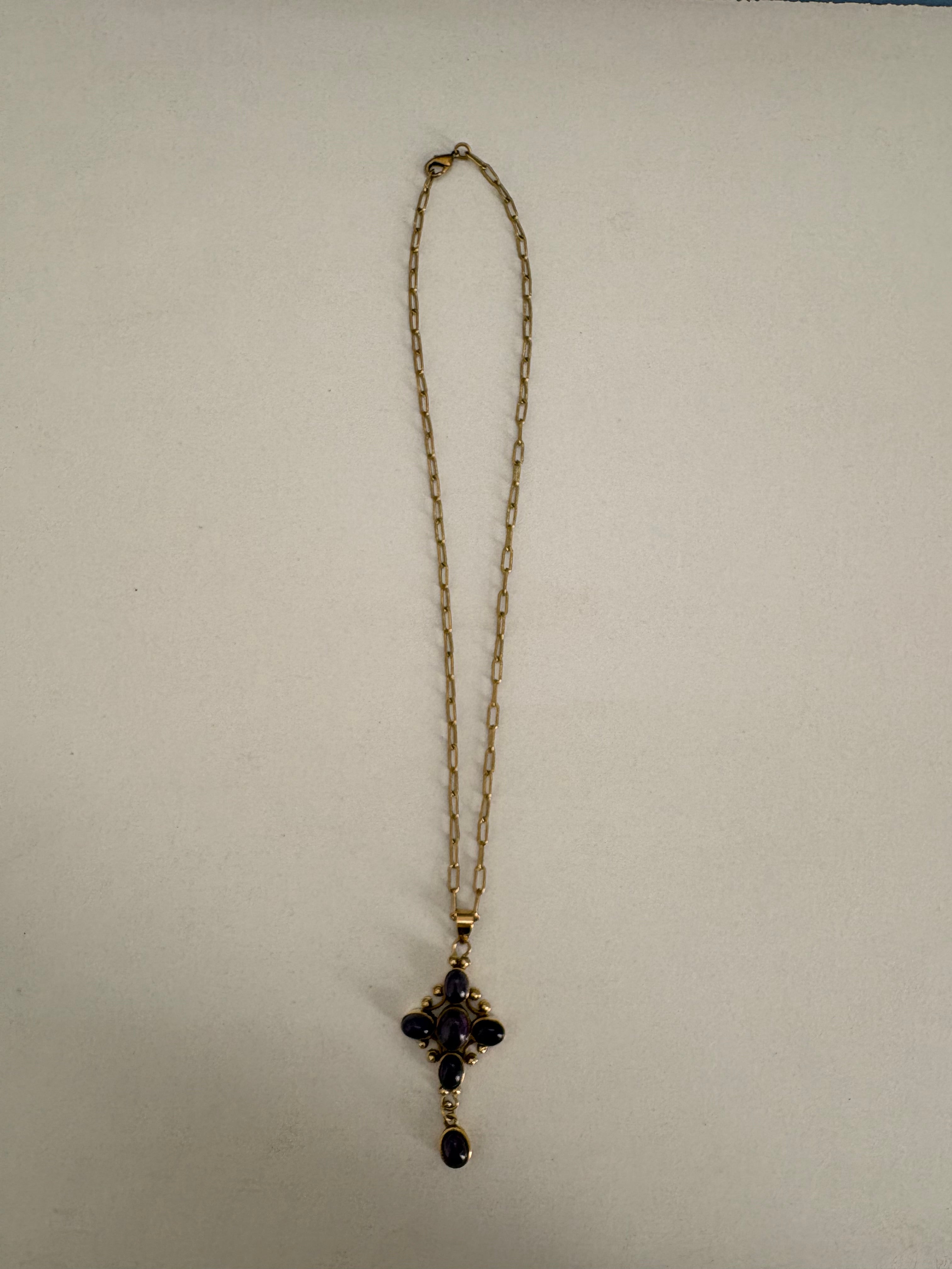 Hand made brass natural stones cross necklace