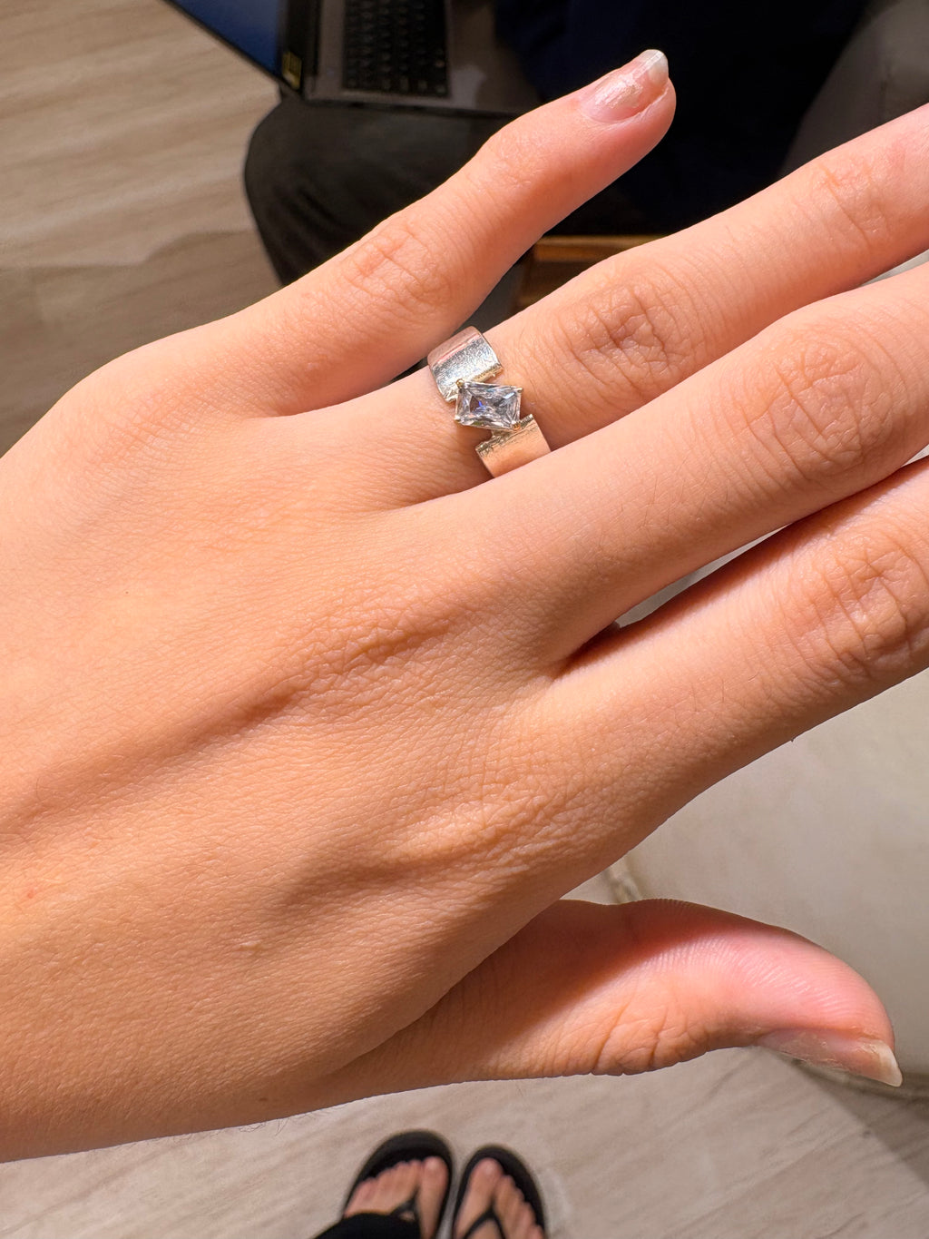 Silver rectangular cut stone ring
