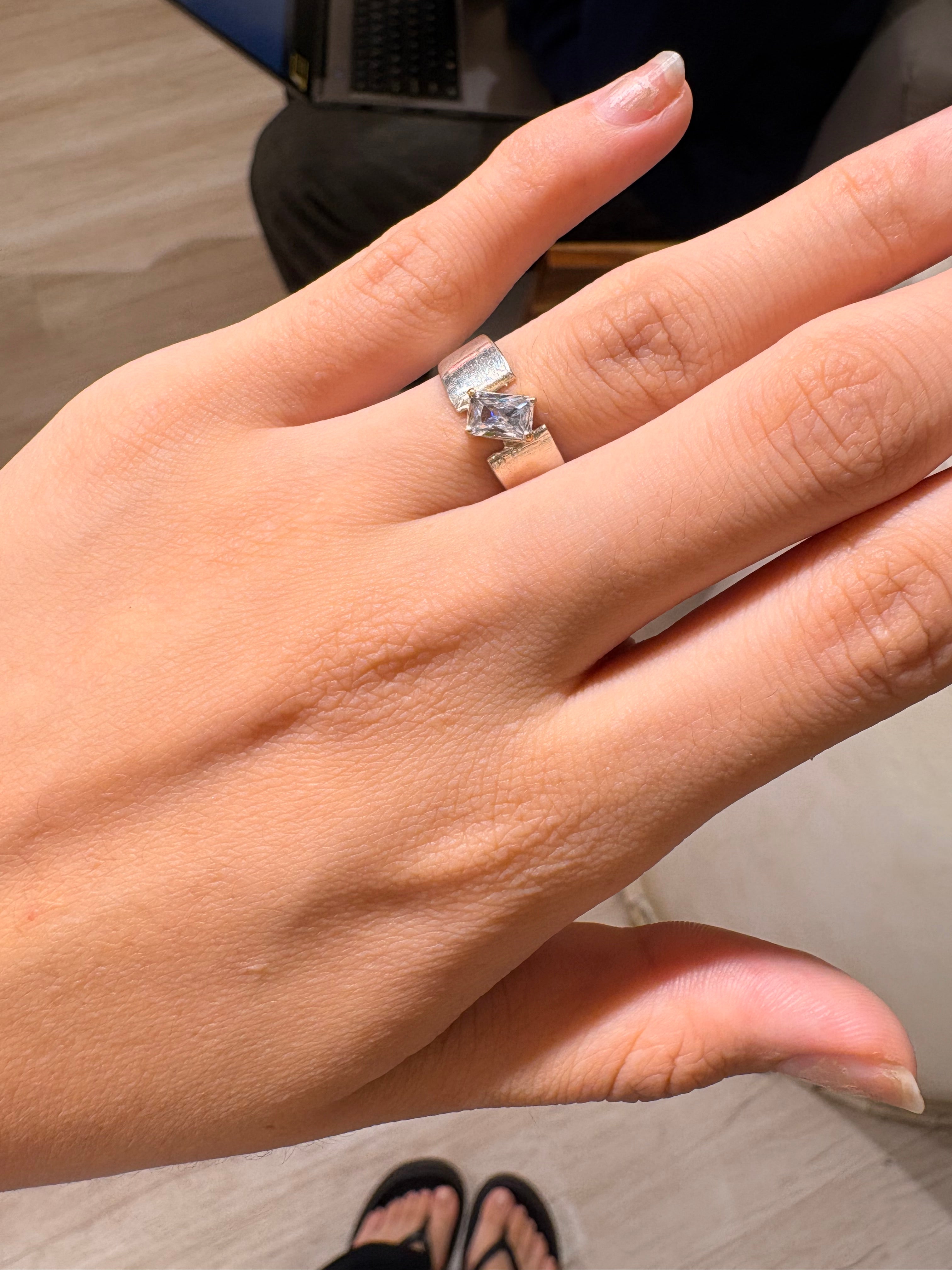 Silver rectangular cut stone ring
